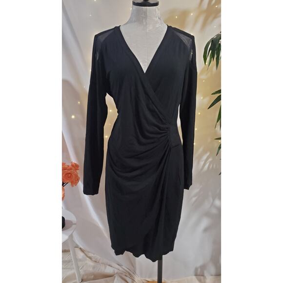 Cache Vtg Surplice Pullover Faux Wrap Midi Dress Size L Long Sleeve Mesh Black - Picture 1 of 10